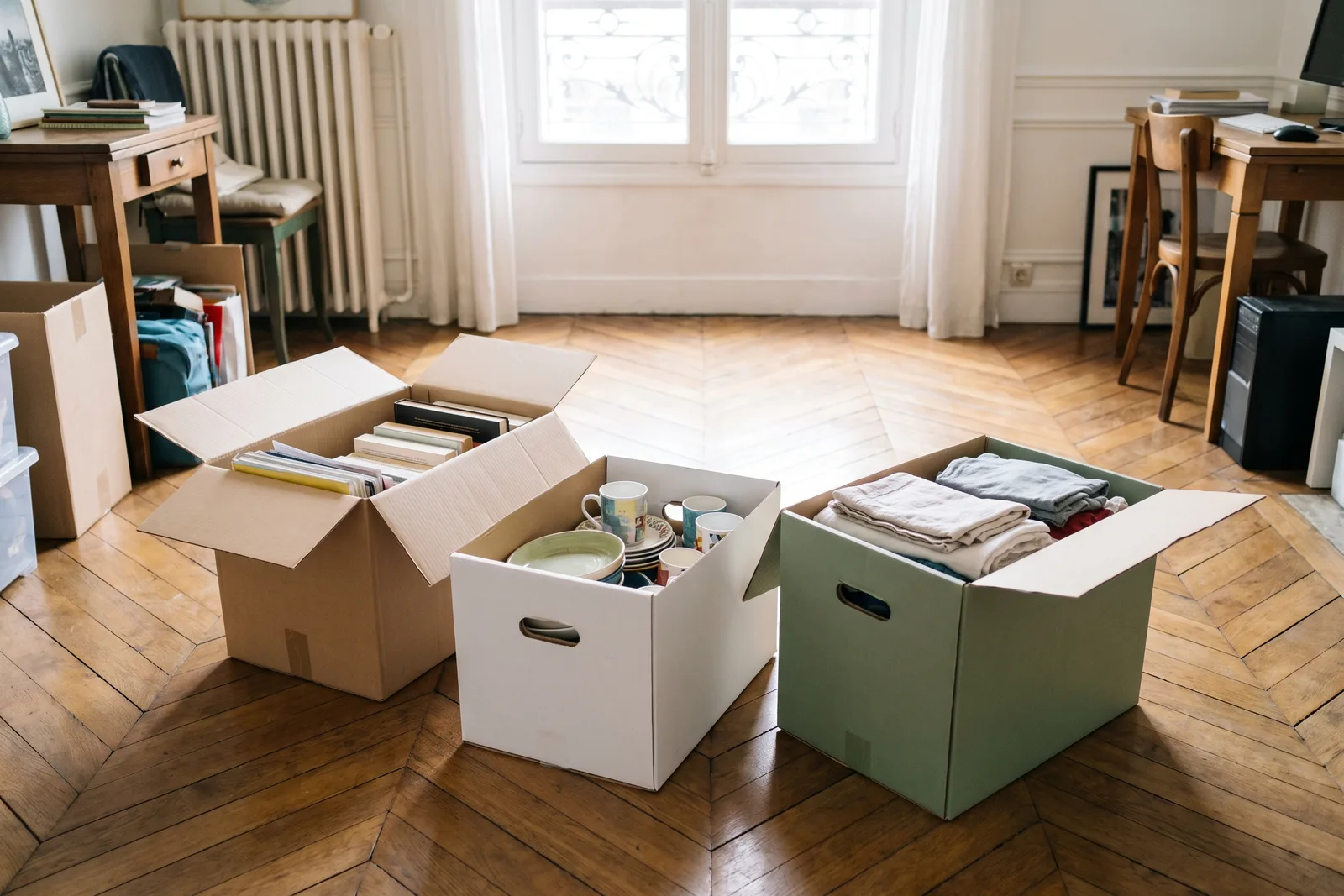 Trois cartons pour trier les objets : garder, donner, jeter