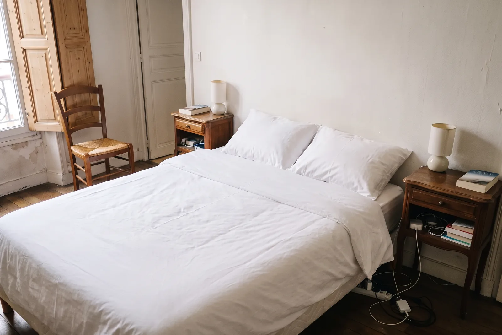 La même chambre au lit fait et dégagée, après le home staging