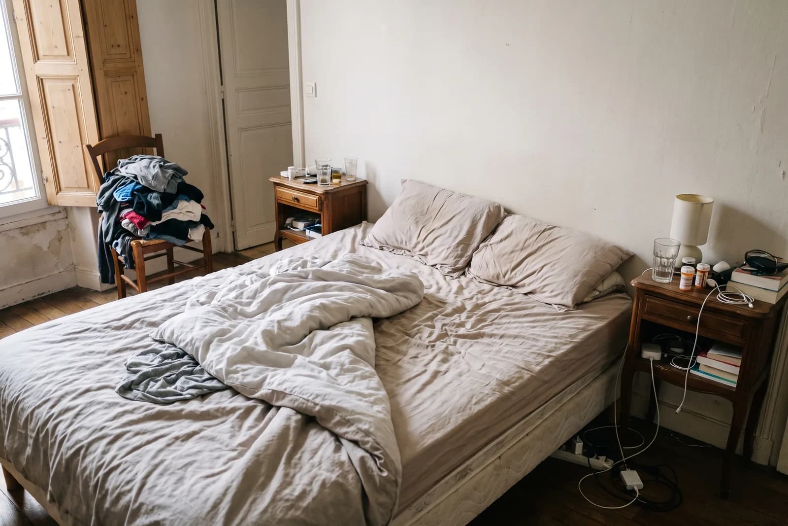 Chambre au lit défait et aux vêtements entassés, avant le home staging