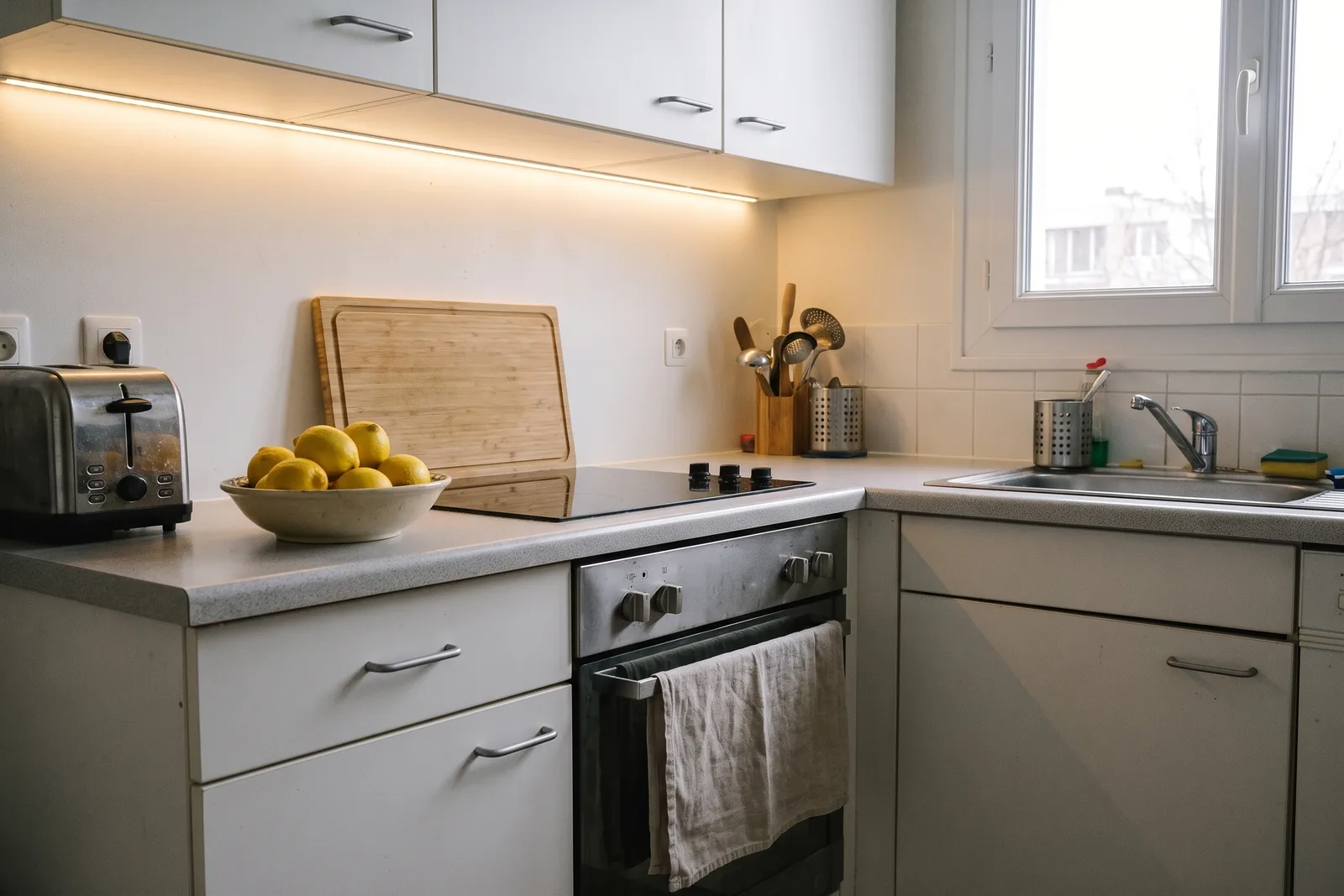 La même cuisine au plan de travail dégagé et éclairé, après le home staging