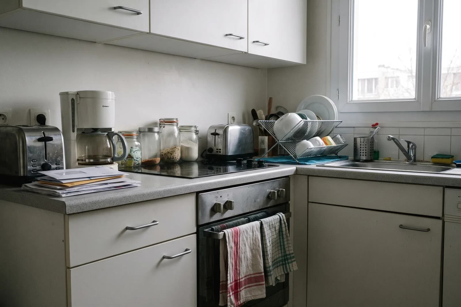Cuisine au plan de travail encombré, avant le home staging