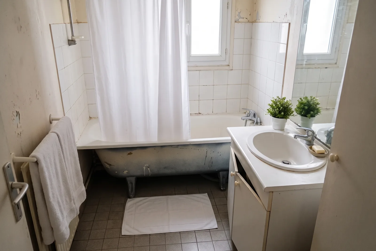 La même salle de bain rangée, aux serviettes blanches, après le home staging