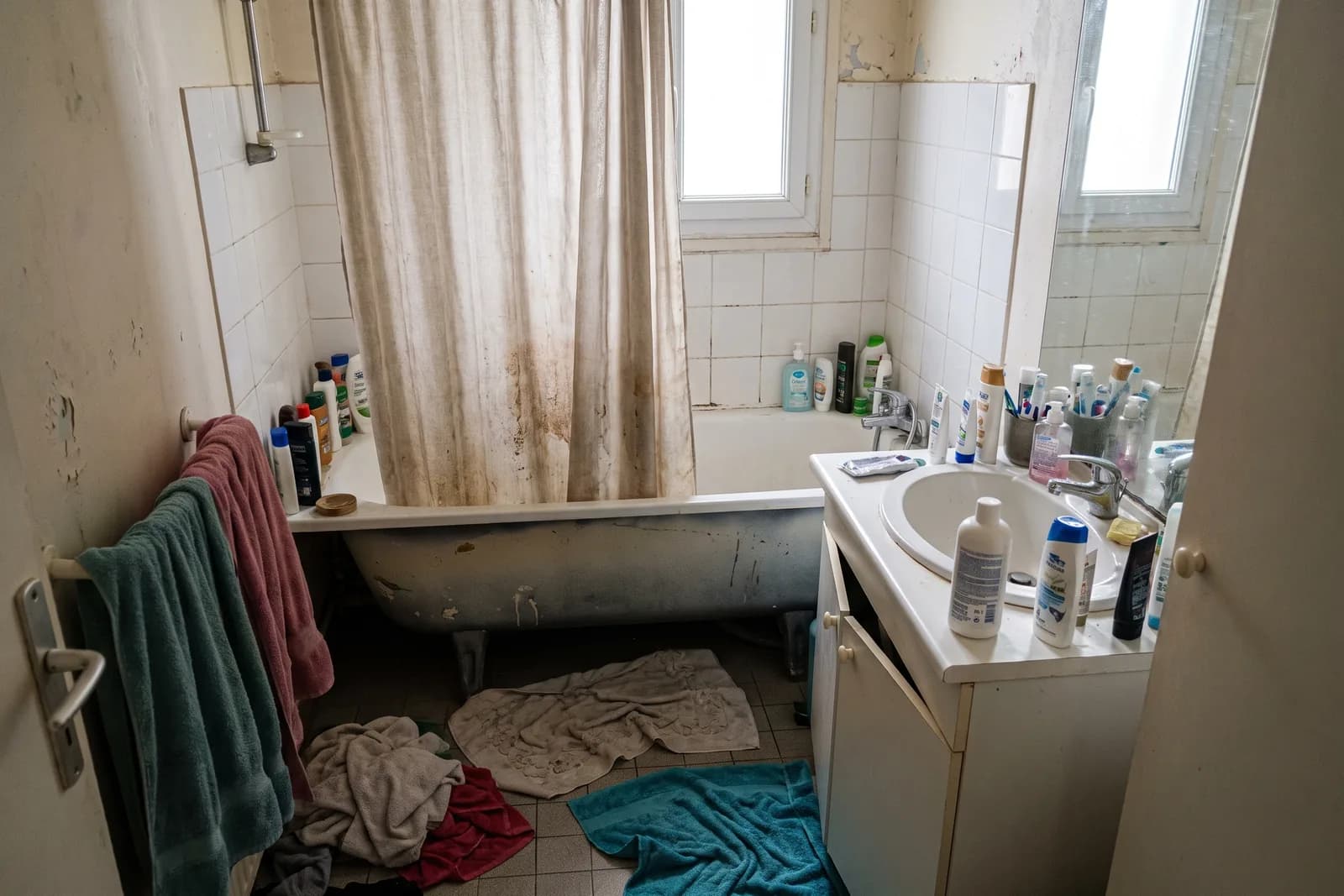 Salle de bain encombrée de flacons, avant le home staging