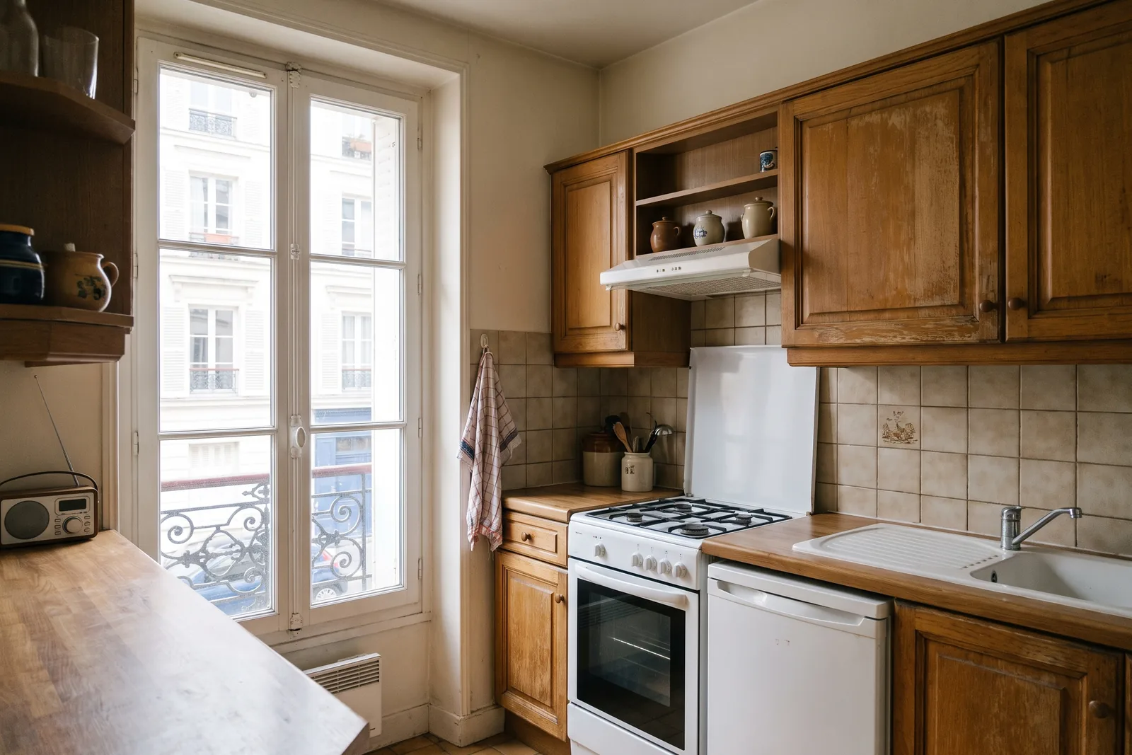 Cuisine photographiée depuis un angle de la pièce, à hauteur de poitrine